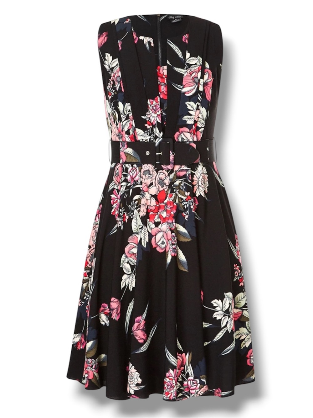 City Chic Black Multi Sleeveless Belted Misty Floral Fit-and-Flare Dress, L/20
